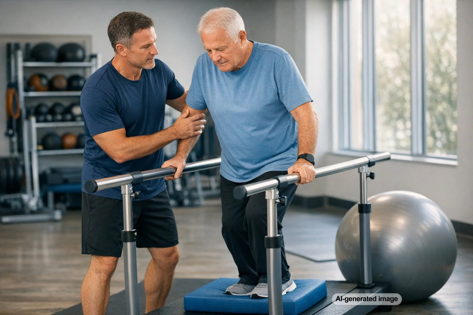 Balance and stability equipment setup for Parkinson's patients in a fitness facility